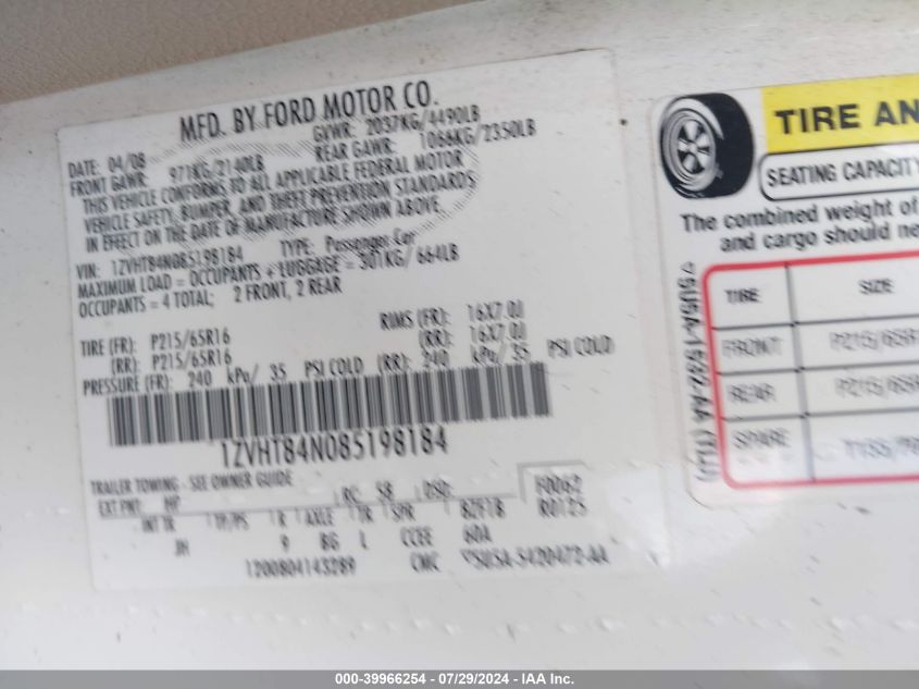 2008 Ford Mustang V6 Deluxe/V6 Premium VIN: 1ZVHT84N085198184 Lot: 39966254