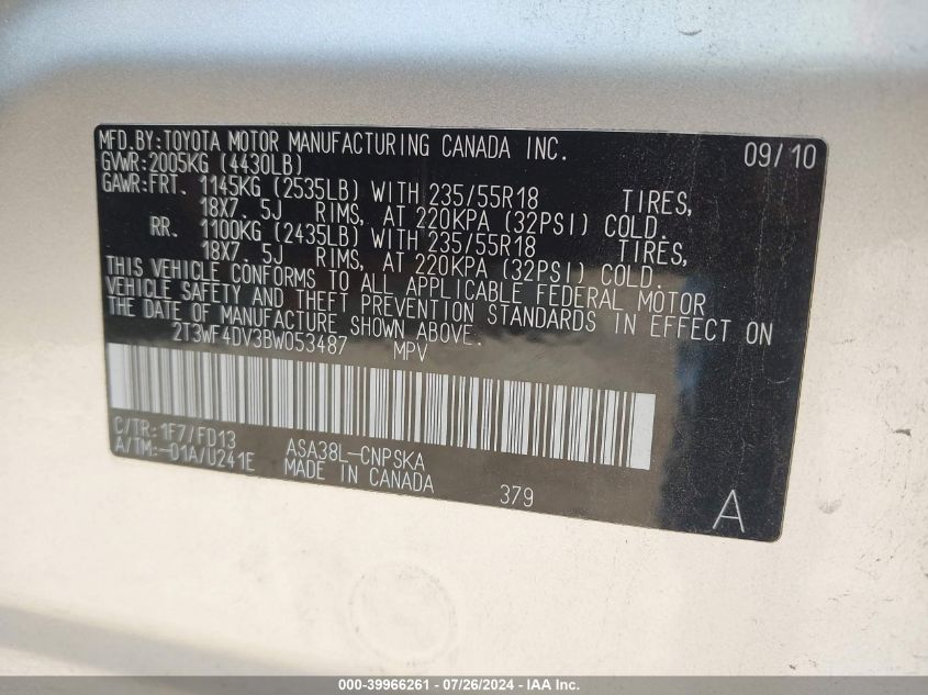 2011 Toyota Rav4 Sport VIN: 2T3WF4DV3BW053487 Lot: 39966261