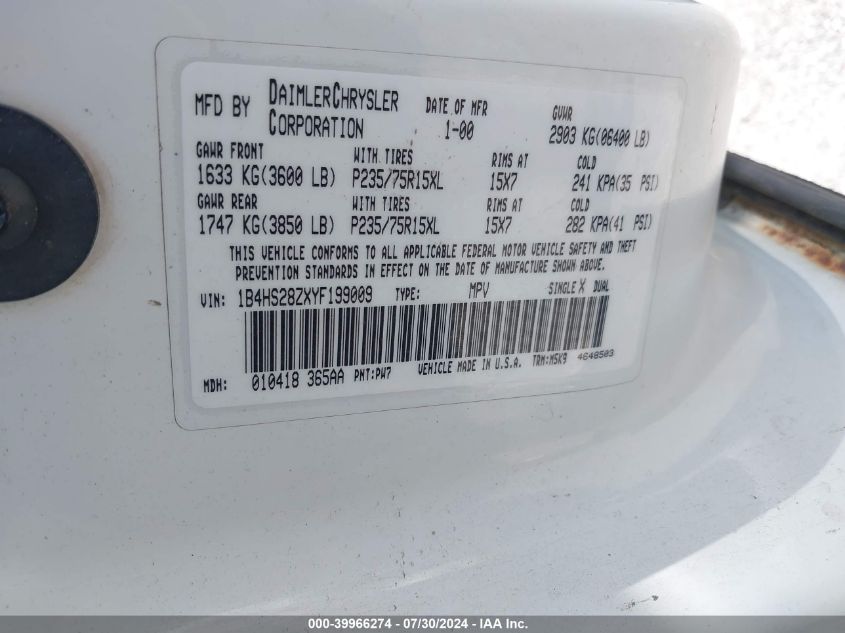 2000 Dodge Durango VIN: 1C4HS28ZXYF199009 Lot: 39966274