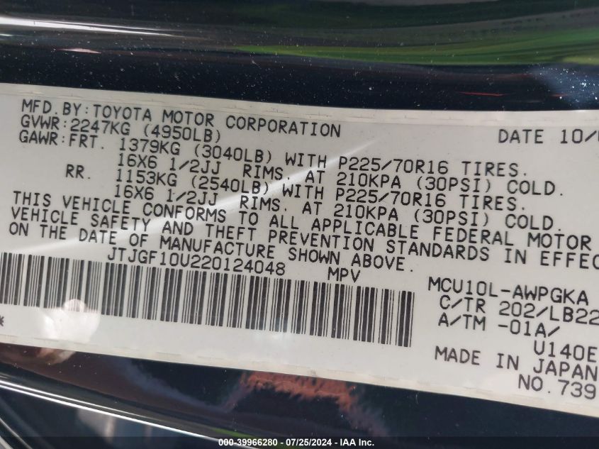 2002 Lexus Rx 300 VIN: JTJGF10U220124048 Lot: 39966280