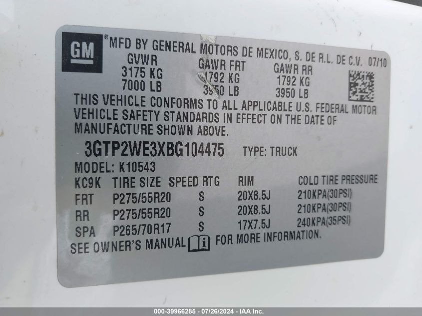 2011 GMC Sierra 1500 Slt VIN: 3GTP2WE3XBG104475 Lot: 39966285