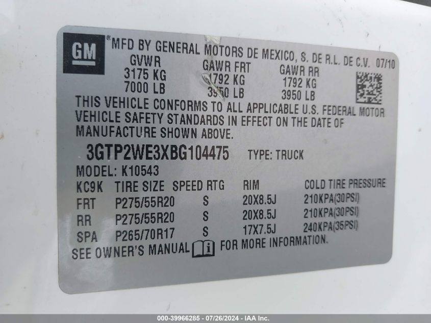 2011 GMC Sierra 1500 Slt VIN: 3GTP2WE3XBG104475 Lot: 39966285