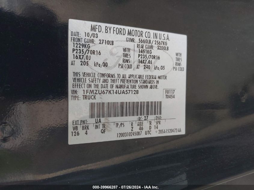 2004 Ford Explorer Sport Trac Adrenalin/Xls/Xlt VIN: 1FMZU67K14UA57128 Lot: 39966287