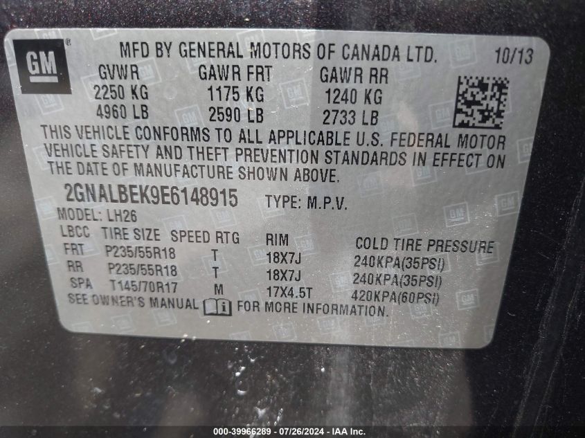 2014 Chevrolet Equinox 1Lt VIN: 2GNALBEK9E6148915 Lot: 39966289