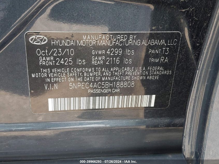 2011 Hyundai Sonata Limited VIN: 5NPEC4AC5BH188808 Lot: 39966293