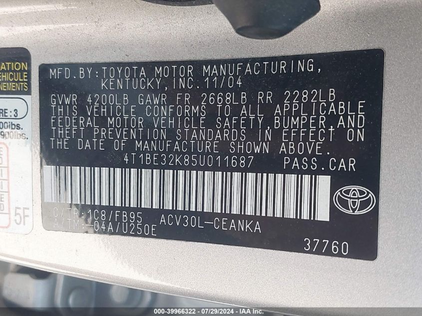 2005 Toyota Camry Le/Xle/Se VIN: 4T1BE32K85U011687 Lot: 39966322