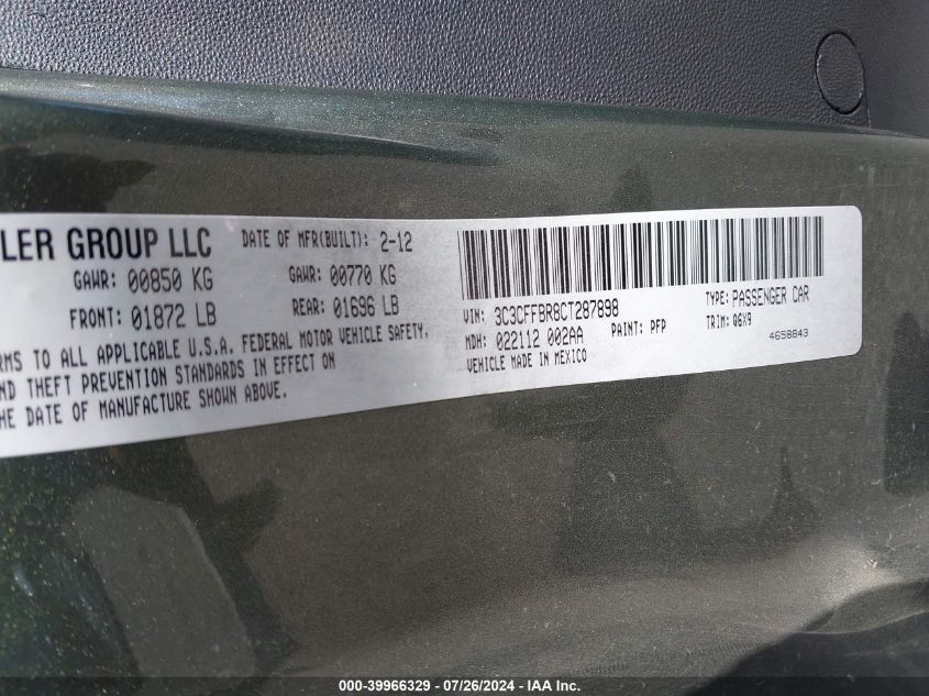 2012 Fiat 500 Sport VIN: 3C3CFFBR8CT287898 Lot: 39966329