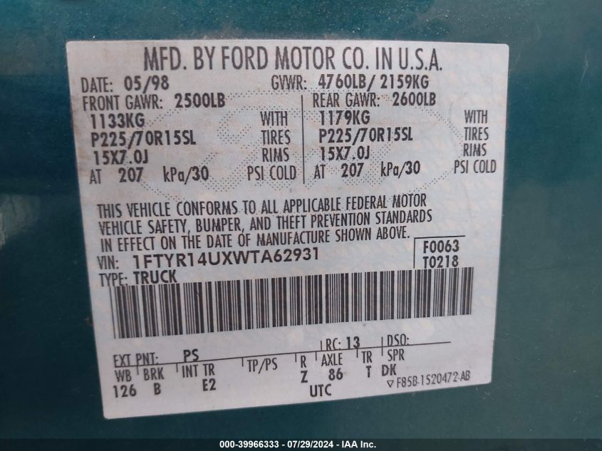 1998 Ford Ranger Splash/Xl/Xlt VIN: 1FTYR14UXWTA62931 Lot: 39966333
