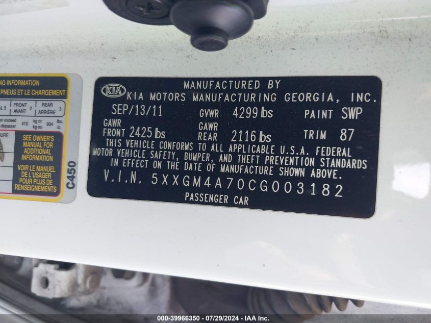2012 Kia Optima Lx VIN: 5XXGM4A70CG003182 Lot: 39966350