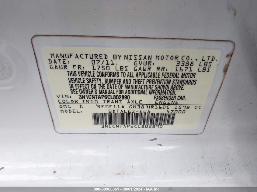 2012 Nissan Versa 1.6 Sl VIN: 3N1CN7AP6CL802890 Lot: 39966361