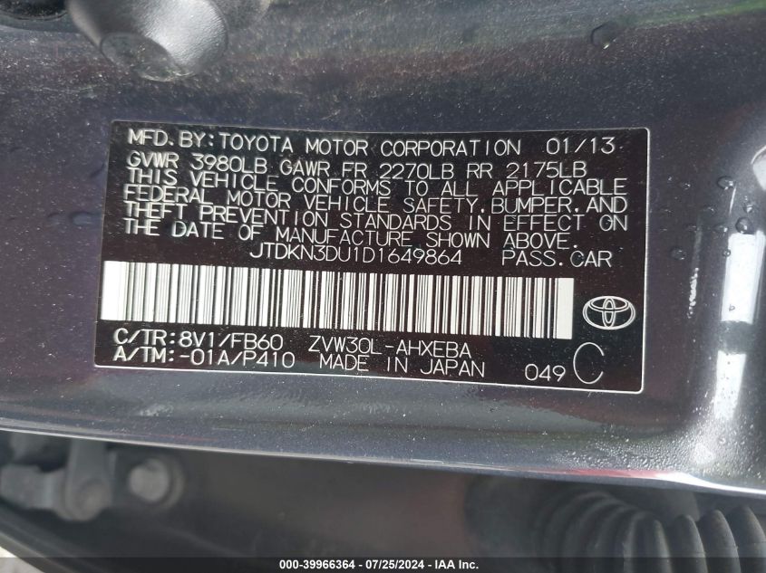 2013 Toyota Prius Two VIN: JTDKN3DU1D1649864 Lot: 39966364