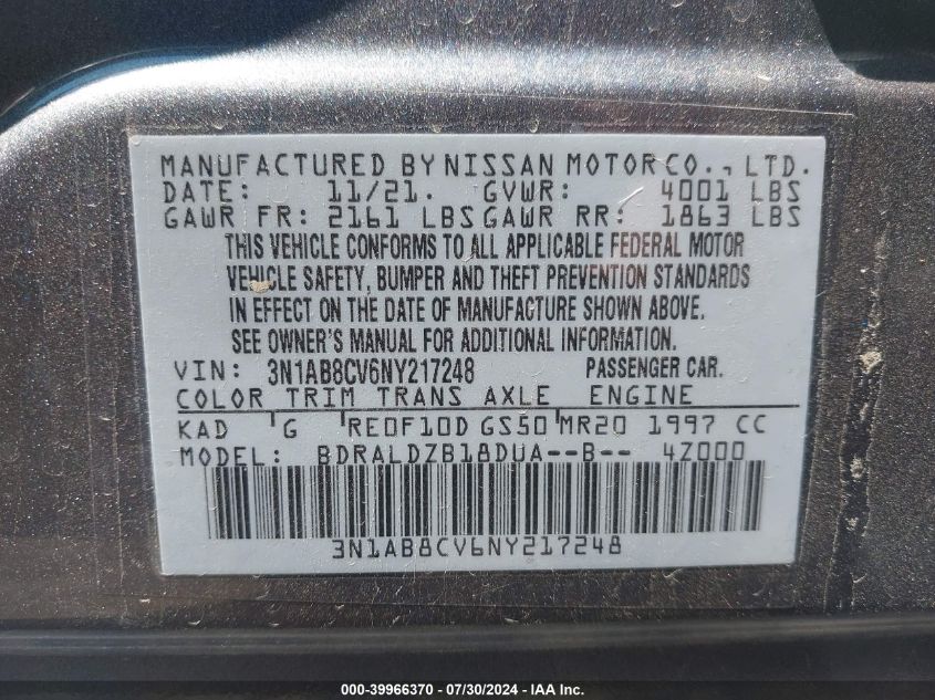 2022 Nissan Sentra Sv Xtronic Cvt VIN: 3N1AB8CV6NY217248 Lot: 39966370