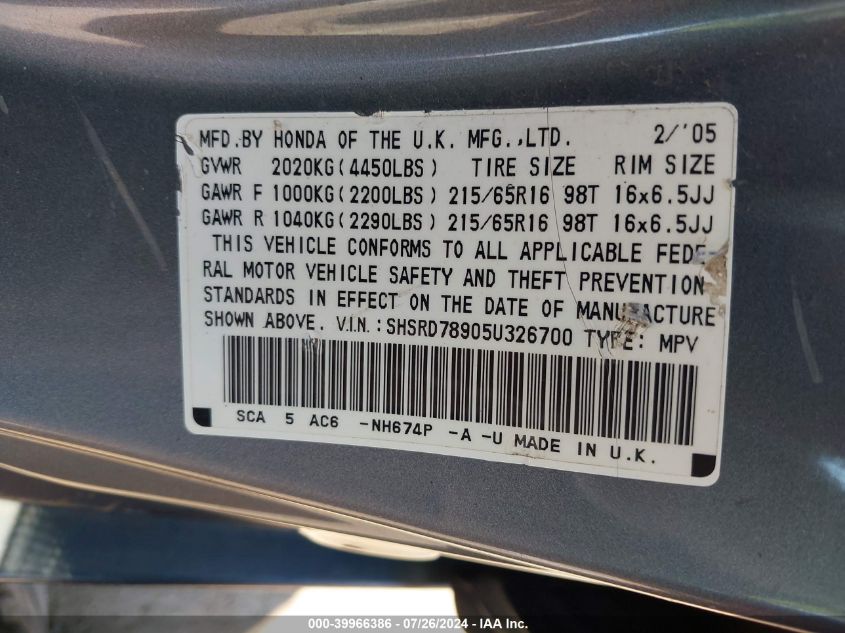 2005 Honda Cr-V Se VIN: SHSRD78905U326700 Lot: 39966386
