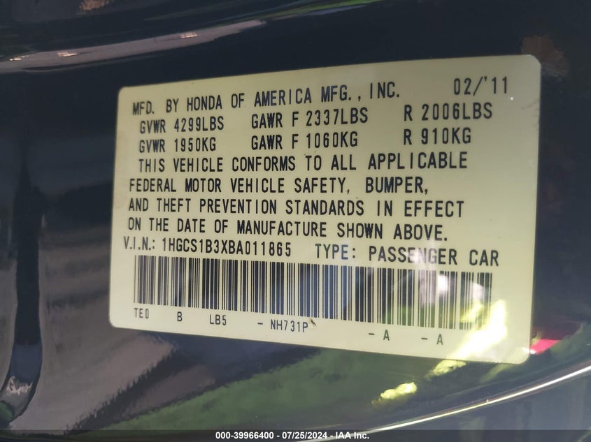 2011 Honda Accord 2.4 Lx-S VIN: 1HGCS1B3XBA011865 Lot: 39966400
