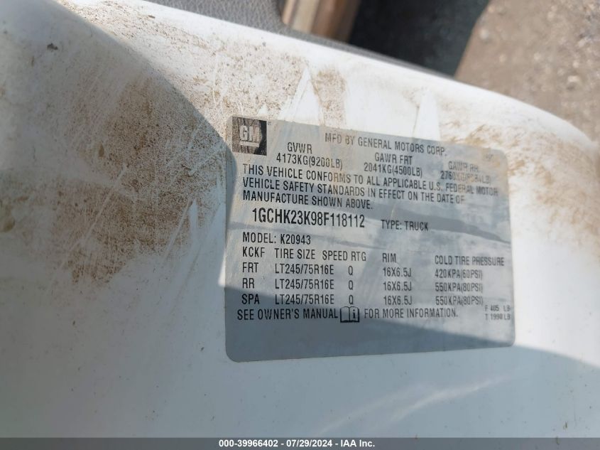 2008 Chevrolet Silverado 2500 VIN: 1GCHK23K93F118112 Lot: 39966402