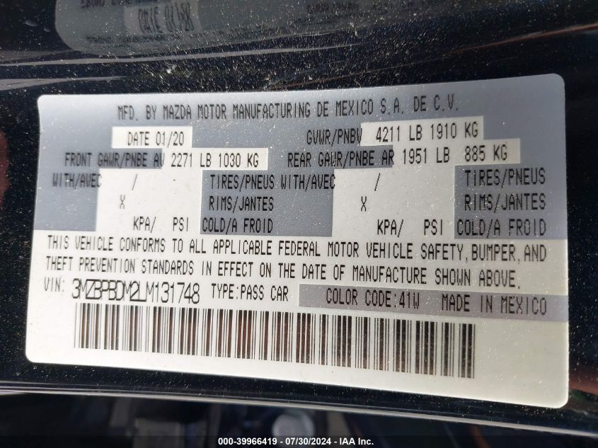 2020 Mazda Mazda3 Preferred Package VIN: 3MZBPBDM2LM131748 Lot: 39966419