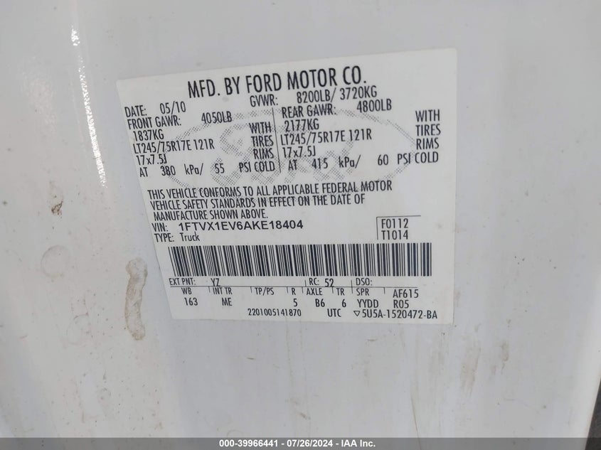 2010 Ford F-150 Xl/Xlt VIN: 1FTVX1EV6AKE18404 Lot: 39966441