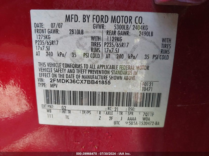 2007 Ford Edge Se VIN: 2FMDK36CX7BB41855 Lot: 39966470