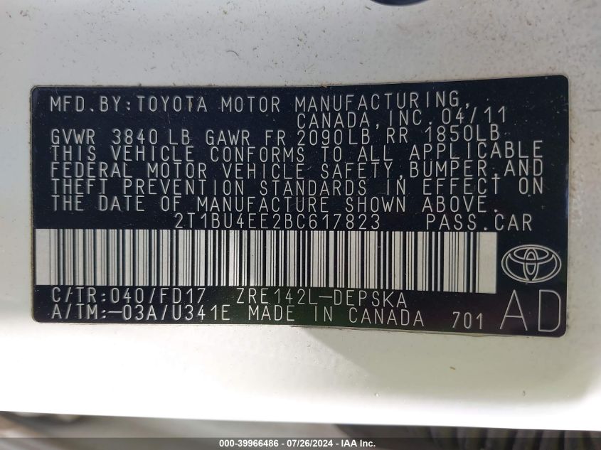 2011 Toyota Corolla S/Le VIN: 2T1BU4EE2BC617823 Lot: 39966486