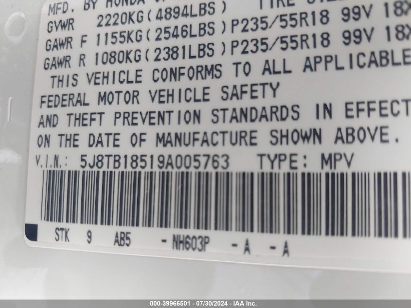 2009 Acura Rdx VIN: 5J8TB18519A005763 Lot: 39966501