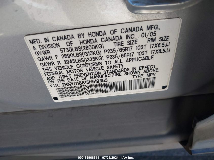 2005 Acura Mdx VIN: 2HNYD18815H519353 Lot: 39966514