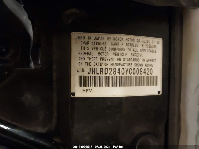 2000 Honda Cr-V Lx VIN: JHLRD2840YC008420 Lot: 39966517