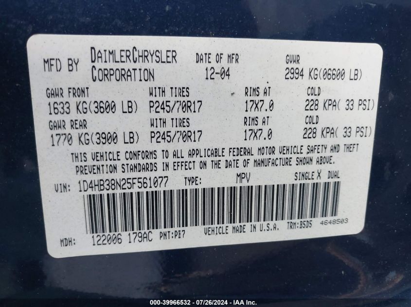 2005 Dodge Durango St VIN: 1D4HB38N25F561077 Lot: 39966532