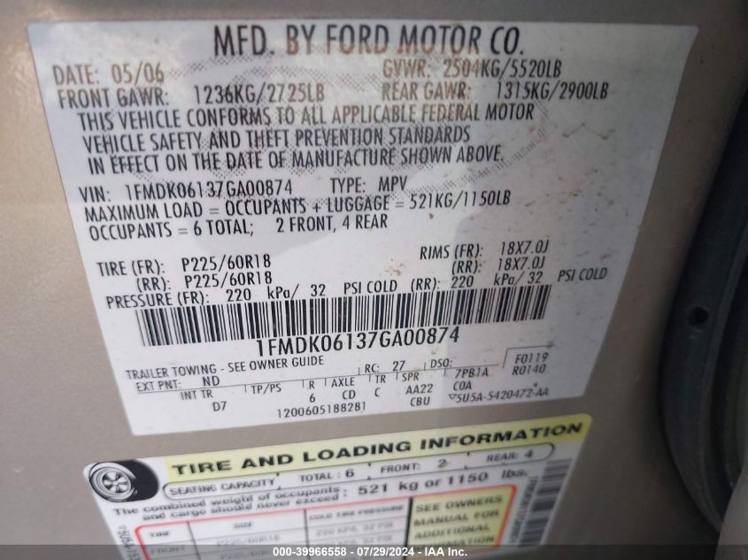 2007 Ford Freestyle Limited VIN: 1FMDK06137GA00874 Lot: 39966558