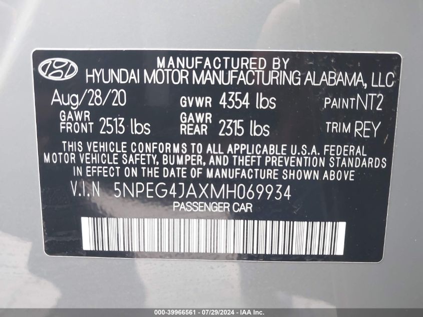 2021 Hyundai Sonata Se VIN: 5NPEG4JAXMH069934 Lot: 39966561