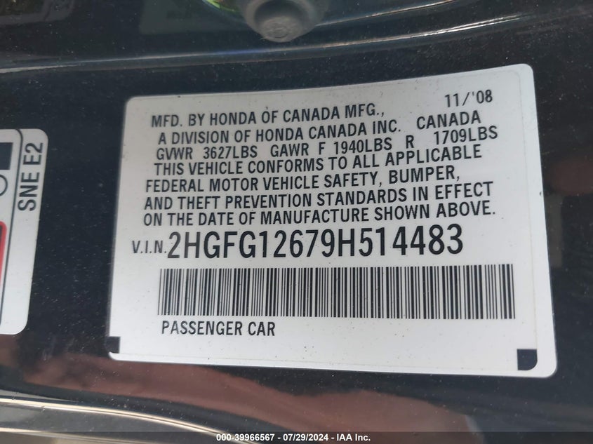2009 Honda Civic Cpe Lx VIN: 2HGFG12679H514483 Lot: 39966567