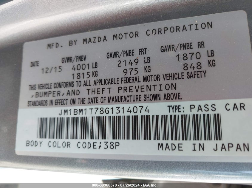 2016 Mazda Mazda3 I Sport VIN: JM1BM1T78G1314074 Lot: 39966570