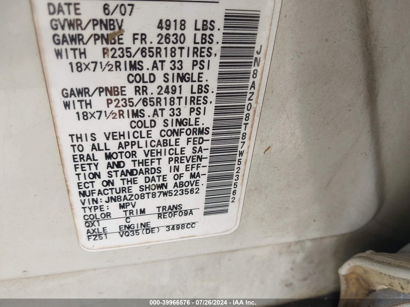 2007 Nissan Murano Sl VIN: JN8AZ08T87W523562 Lot: 39966576