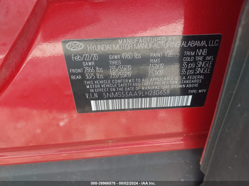 VIN 5NMS53AA9LH230658 2020 HYUNDAI SANTA FE LIMITED 2.0T