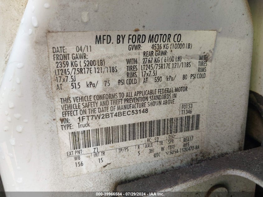 2011 Ford F-250 Xl VIN: 1FT7W2BT4BEC53148 Lot: 39966584