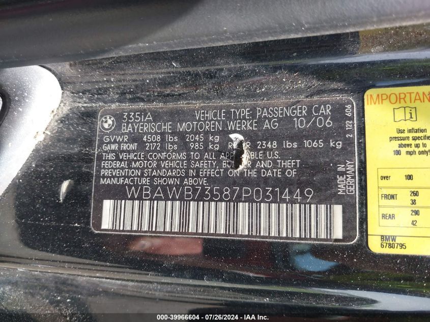 2007 BMW 335I VIN: WBAWB73587P031449 Lot: 39966604