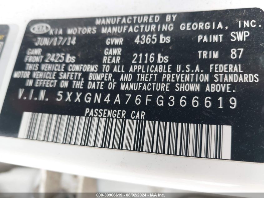 2015 Kia Optima Ex VIN: 5XXGN4A76FG366619 Lot: 39966619