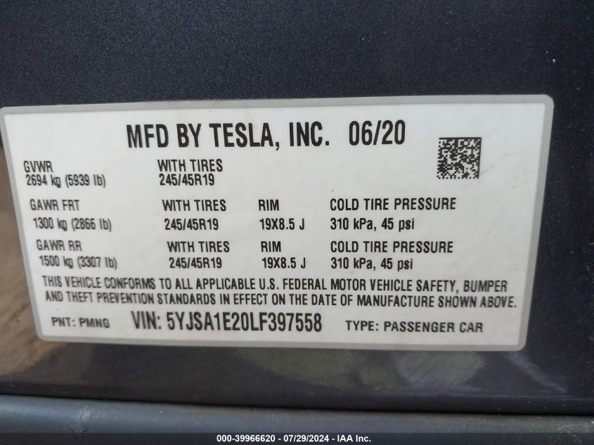 5YJSA1E20LF397558 2020 Tesla Model S