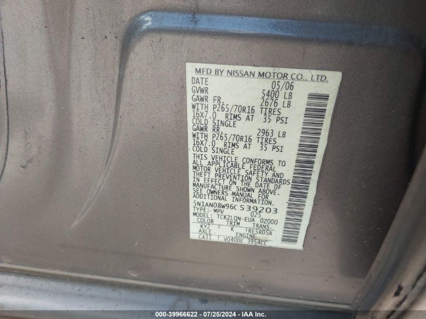 2006 Nissan Xterra X VIN: 5N1AN08W96C539203 Lot: 39966622