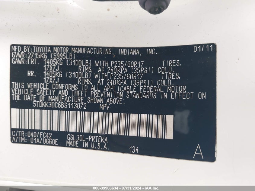 2011 Toyota Sienna Le V6 VIN: 5TDKK3DC6BS113072 Lot: 39966634