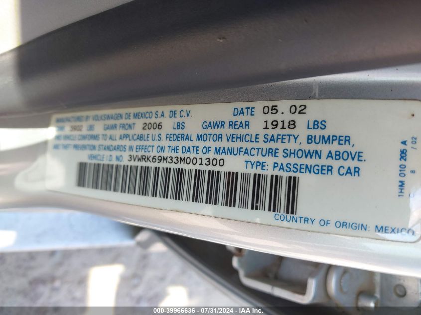 2003 Volkswagen Jetta Gl VIN: 3VWRK69M33M001300 Lot: 39966636