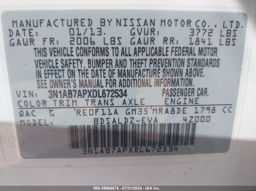 2013 Nissan Sentra Sv VIN: 3N1AB7APXDL672534 Lot: 39966674