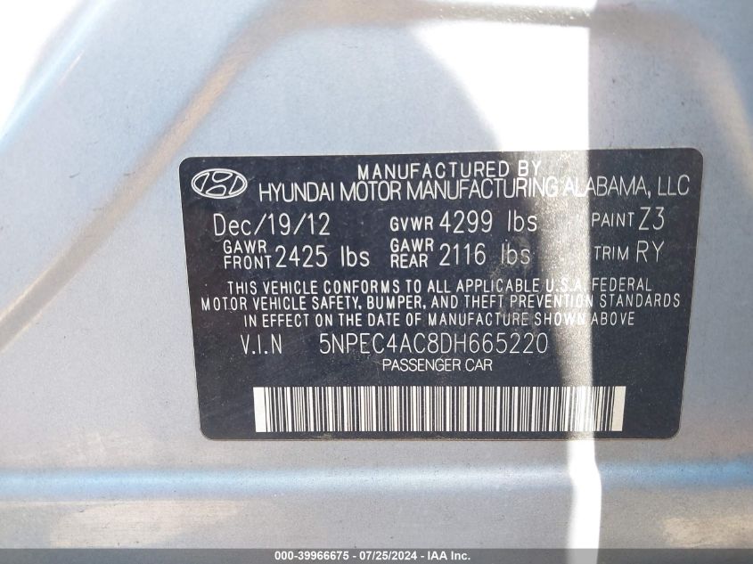 5NPEC4AC8DH665220 | 2013 HYUNDAI SONATA