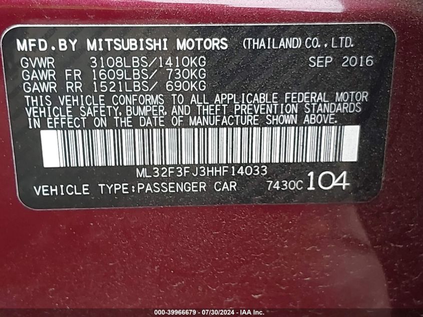 2017 Mitsubishi Mirage G4 Es VIN: ML32F3FJ3HHF14033 Lot: 39966679