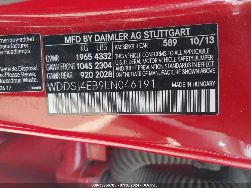 2014 Mercedes-Benz Cla 250 VIN: WDDSJ4EB9EN046191 Lot: 39966705