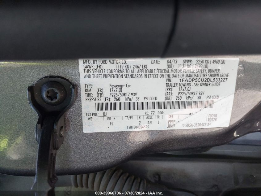 2013 Ford C-Max Energi Sel VIN: 1FADP5CU2DL533227 Lot: 39966706