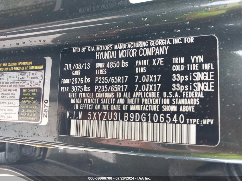 2013 Hyundai Santa Fe Sport VIN: 5XYZU3LB9DG106540 Lot: 39966708