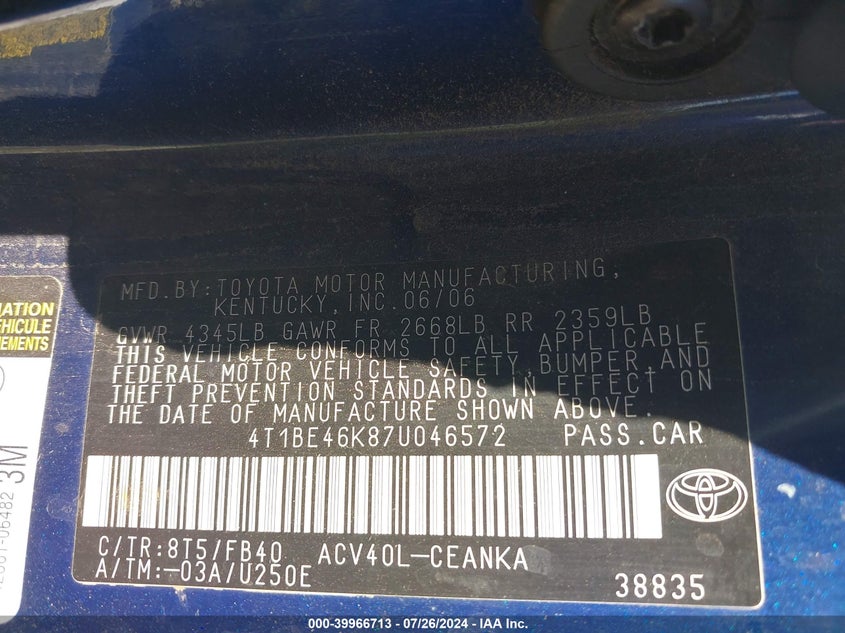 2007 Toyota Camry Ce/Le/Xle/Se VIN: 4T1BE46K87U046572 Lot: 39966713