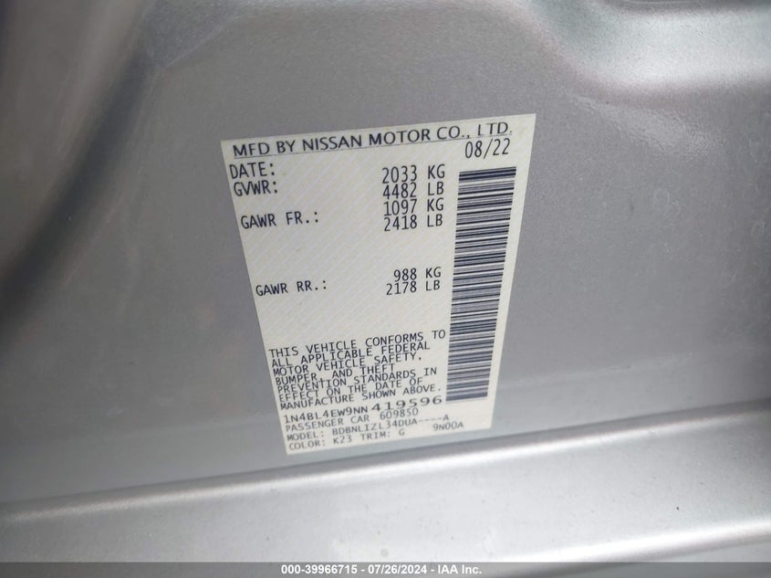 2022 Nissan Altima Sl Intelligent Awd VIN: 1N4BL4EW9NN419596 Lot: 39966715