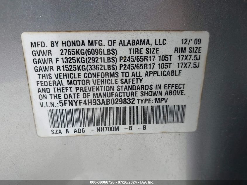 2010 Honda Pilot Touring VIN: 5FNYF4H93AB029832 Lot: 39966726