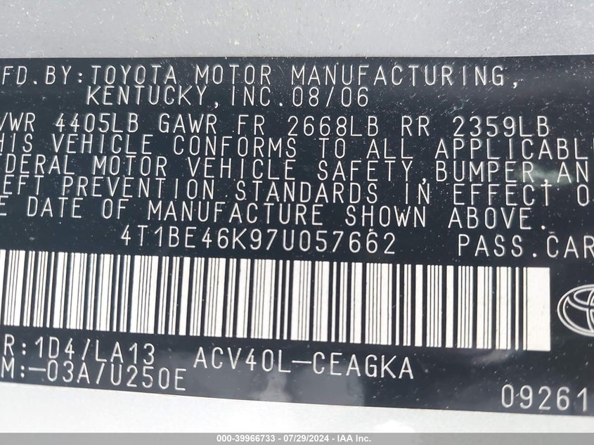 2007 Toyota Camry VIN: 4T1BE46K970057662 Lot: 39966733